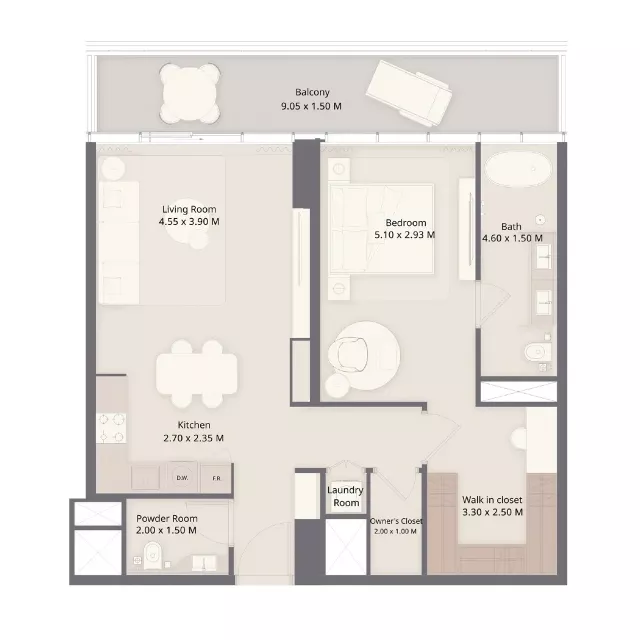 1 bedroom floor plan layout at Sheraton Residences Al Marjan Island Ras Al Khaimah