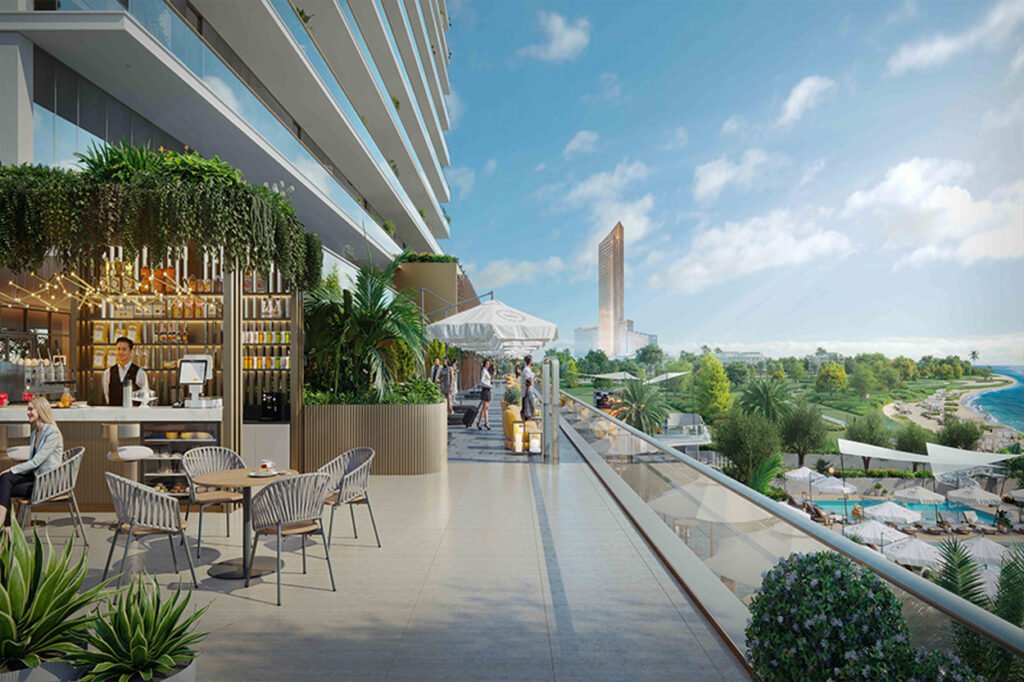 Outdoor lounge and dining terrace at Sheraton Residences Al Marjan Island Ras Al Khaimah