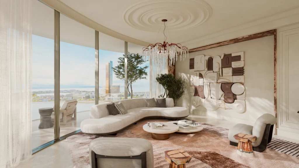 Modern living space at Le Chateau by BEYOND with sea view balcony