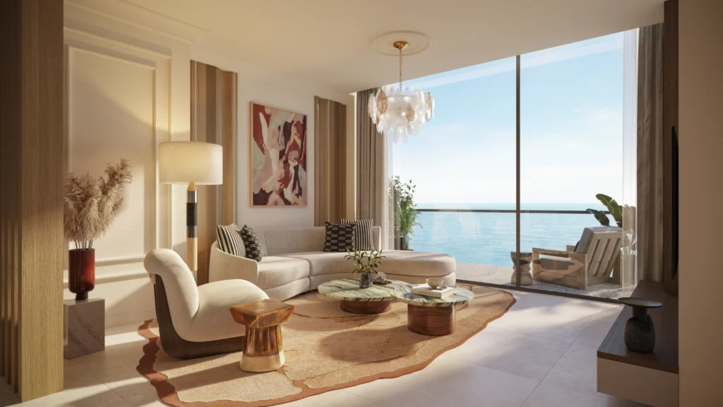 Luxury 2 bedroom interior at Le Chateau by BEYOND with balcony and sea view in Ras Al Khaimah